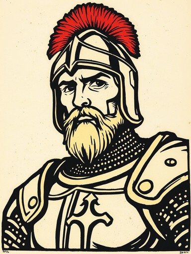 Medieval knight portrait in carved woodcut print style with stark contrast and dark ink on parchment
