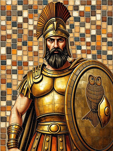Greek hoplite warrior portrait in ancient mosaic tile style with gold and terracotta tones
