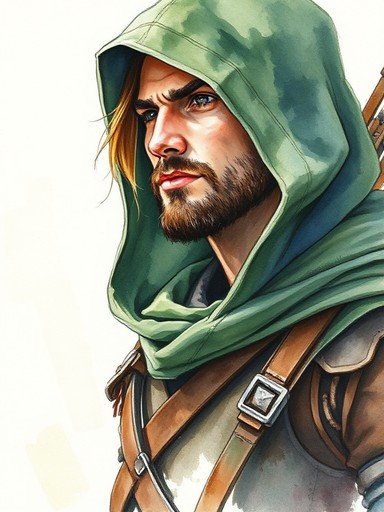 Forest archer portrait in loose watercolor painting style with soft wet edges and transparent washes