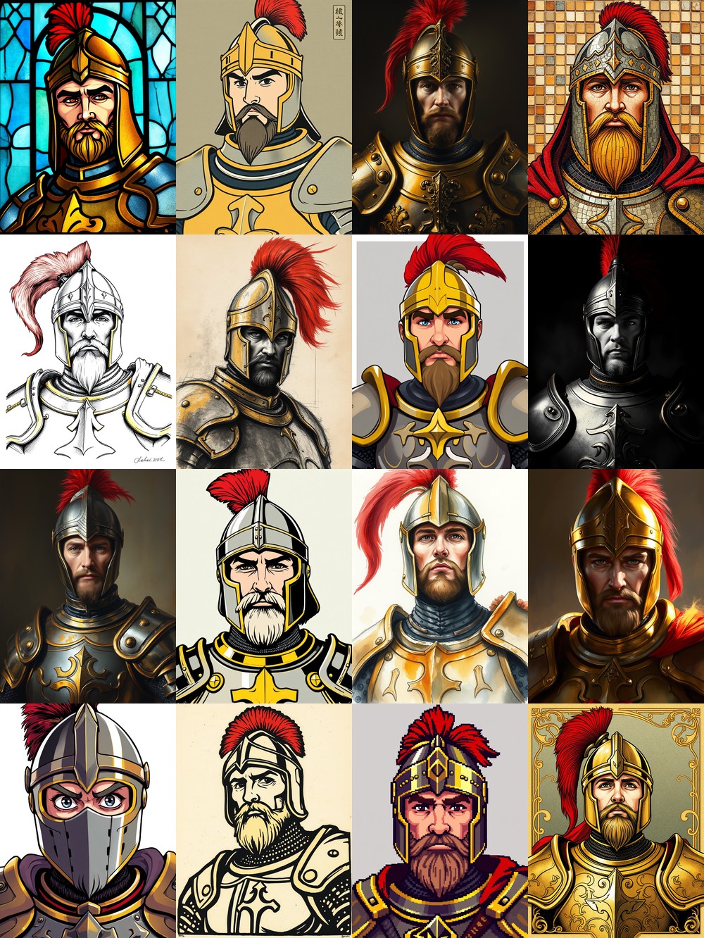 Grid of 16 different art styles applied to the same medieval knight character — stained glass, ukiyo-e, baroque, mosaic, pen and ink, charcoal, cel shaded, noir, oil classical, comic book, watercolor, digital painterly, anime, woodcut, pixel art, and art nouveau